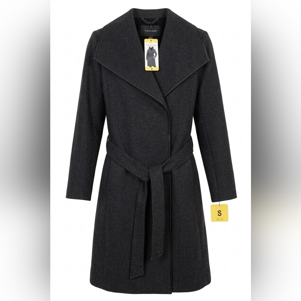 Tahari Charcoal Belted Wrap Wool-Blend Coat